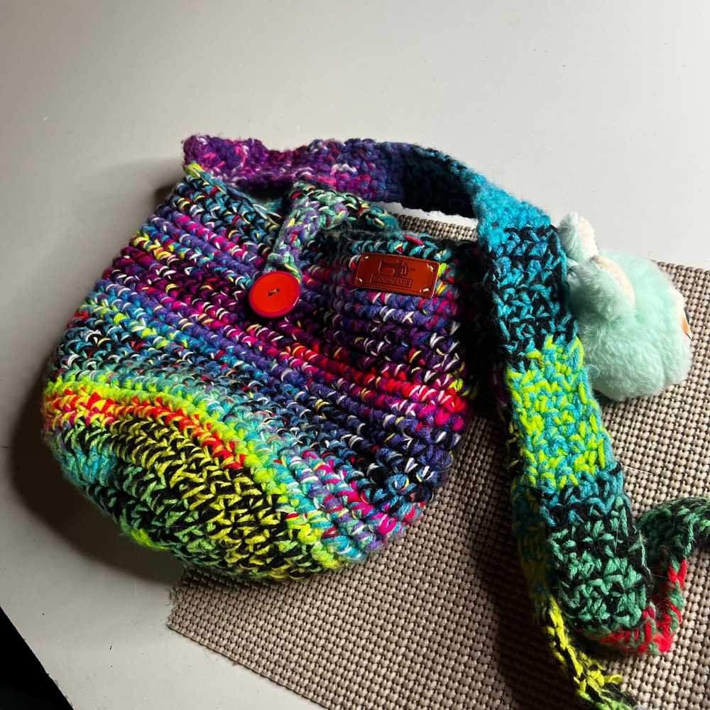 Handmade Crochet Crossbody Bag Multi Color Rainbow Boho Bucket Bag with Charm - Picture 3 of 7